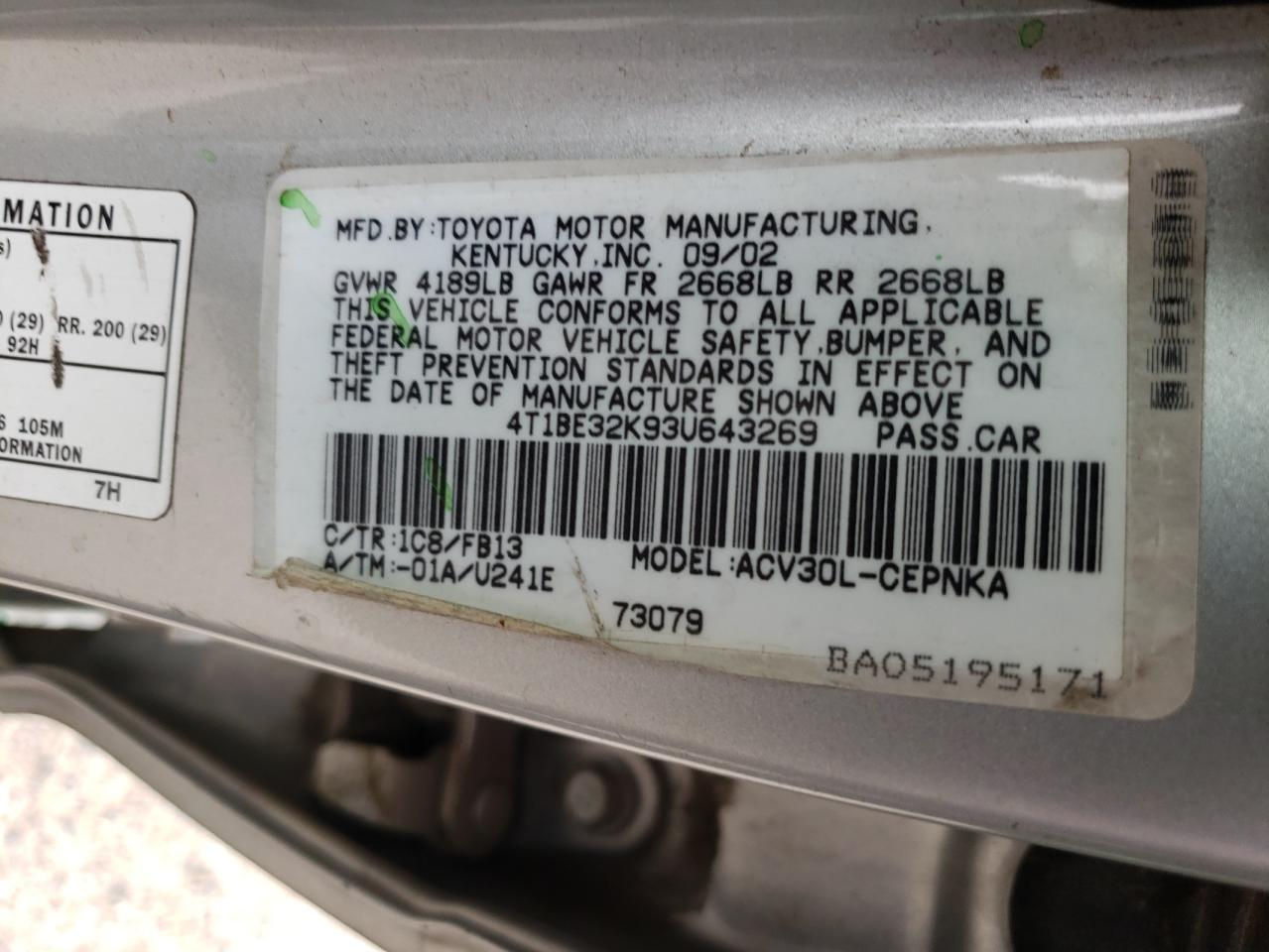 Photo 10 from auction – 2003 TOYOTA CAMRY LE with VIN 4T1BE32K93U643269