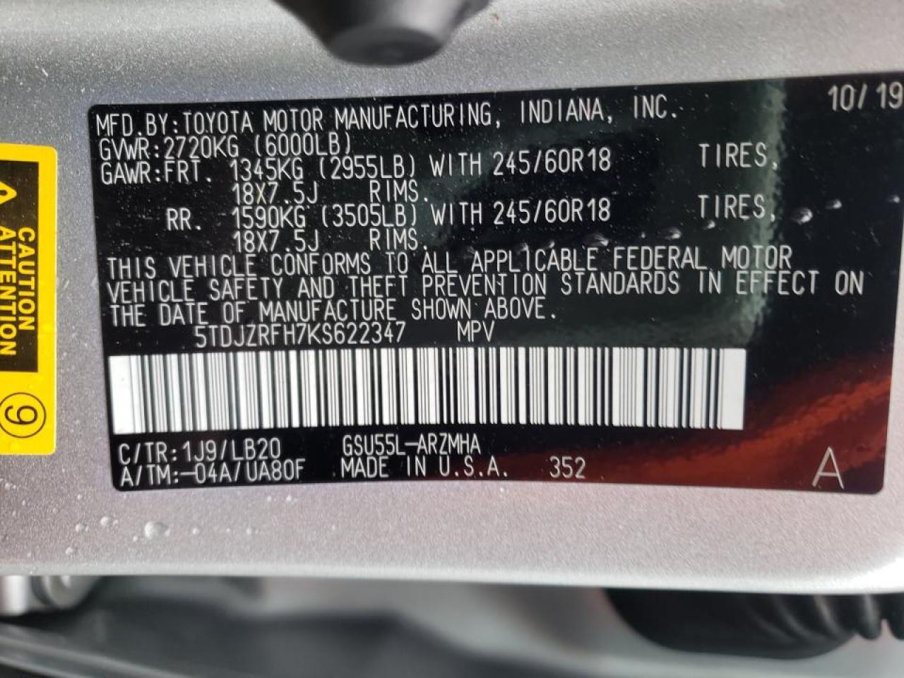 Photo 10 from auction – 2019 TOYOTA HIGHLANDER with VIN 5TDJZRFH7KS622347