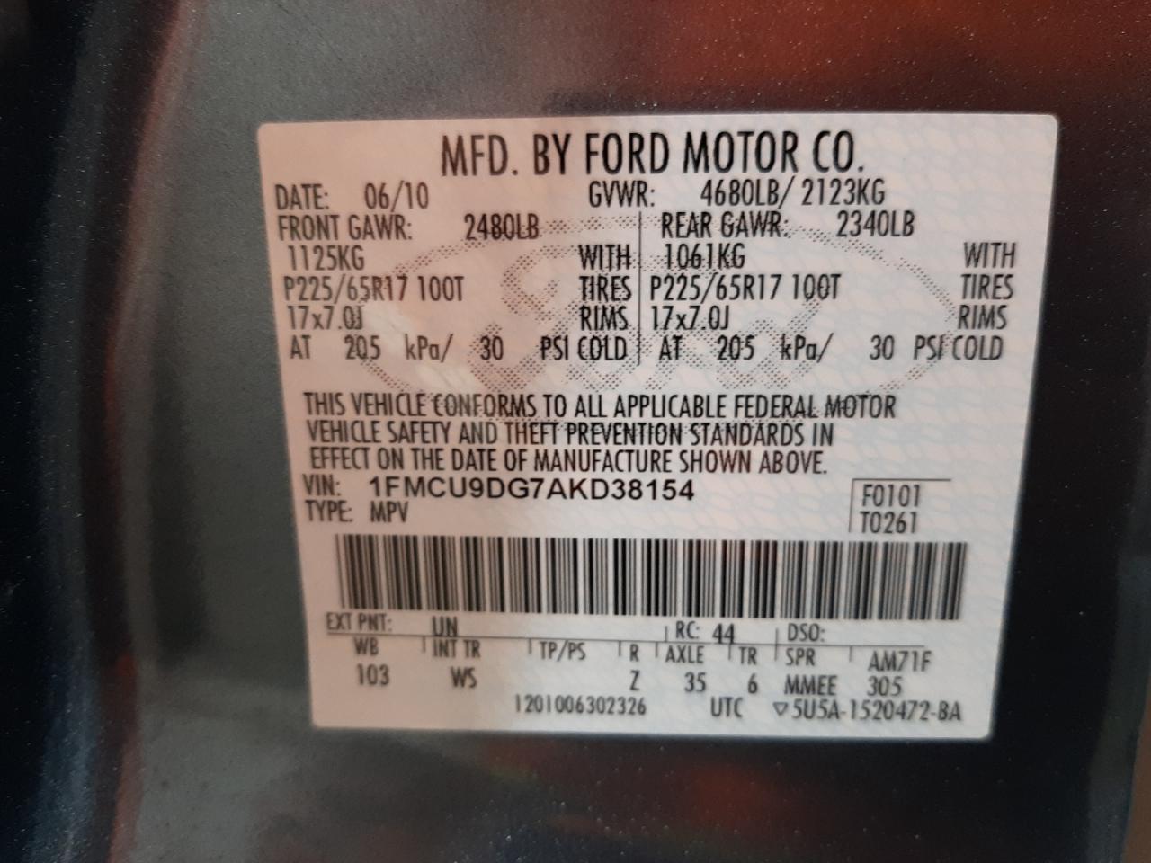 Photo 10 from auction – 2010 FORD ESCAPE XLT with VIN 1FMCU9DG7AKD38154