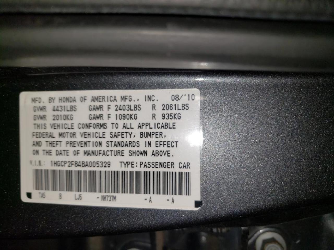 Photo 10 from auction – 2011 HONDA ACCORD EXL with VIN 1HGCP2F84BA005329