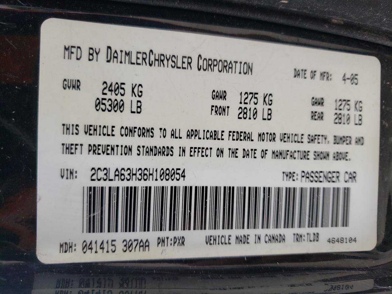 Photo 10 from auction – 2006 CHRYSLER 300C with VIN 2C3LA63H36H108054