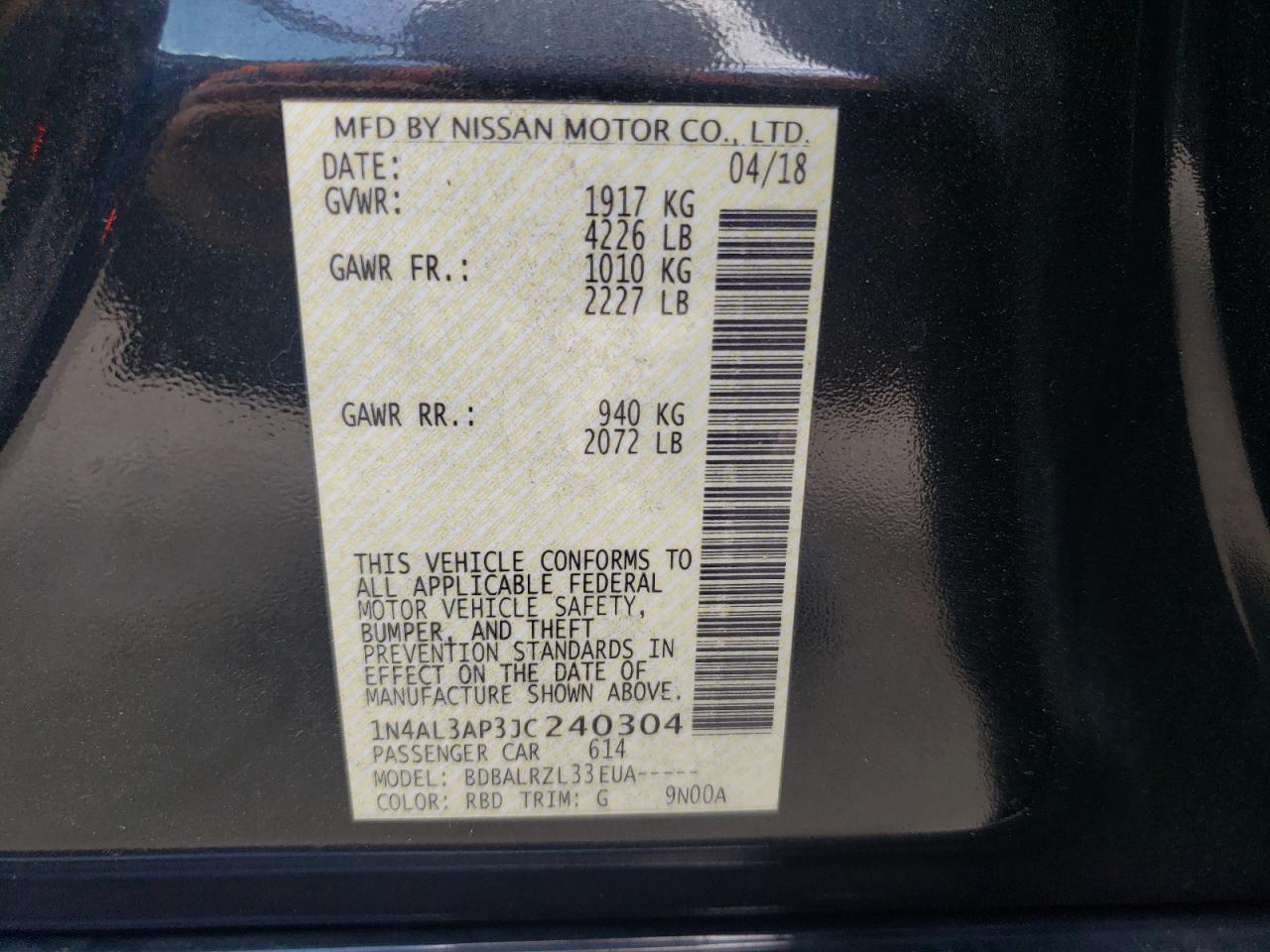 Photo 10 from auction – 2018 NISSAN ALTIMA 2.5 with VIN 1N4AL3AP3JC240304