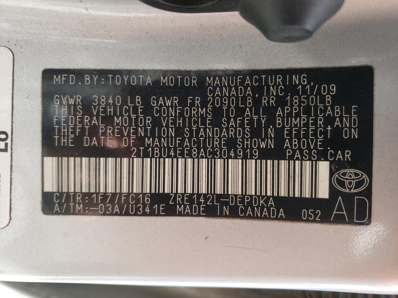 Photo 10 from auction – 2010 TOYOTA COROLLA BA with VIN 2T1BU4EE8AC304919