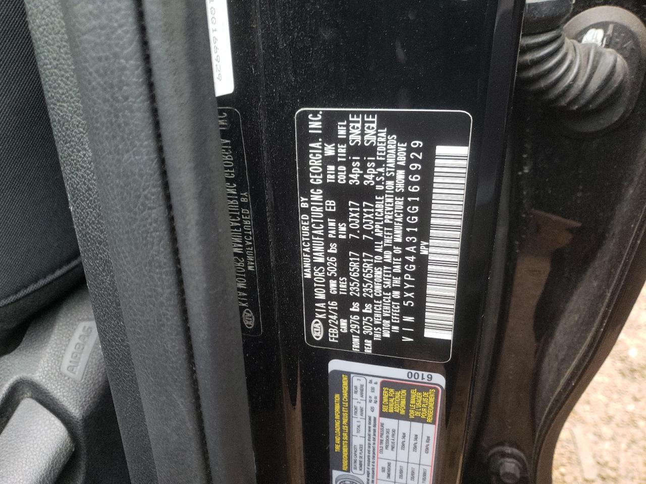 Photo 10 from auction – 2016 KIA SORENTO LX with VIN 5XYPG4A31GG166929