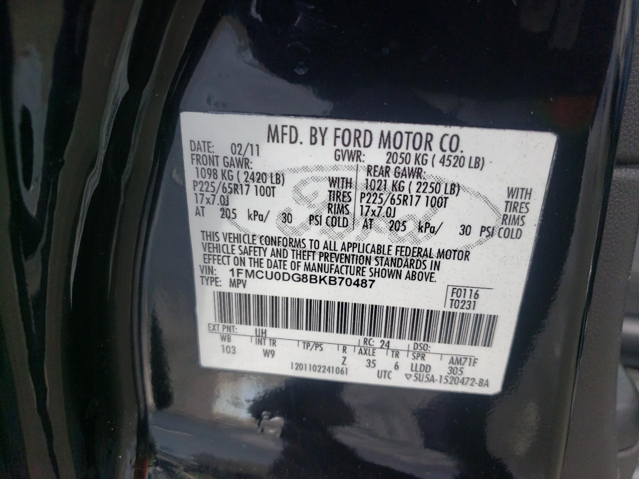 Photo 10 from auction – 2011 FORD ESCAPE XLT with VIN 1FMCU0DG8BKB70487