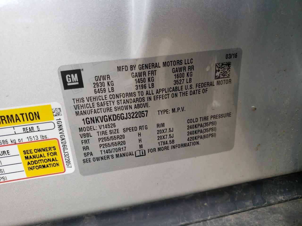 Photo 10 from auction – 2016 CHEVROLET TRAVERSE L with VIN 1GNKVGKD6GJ322057