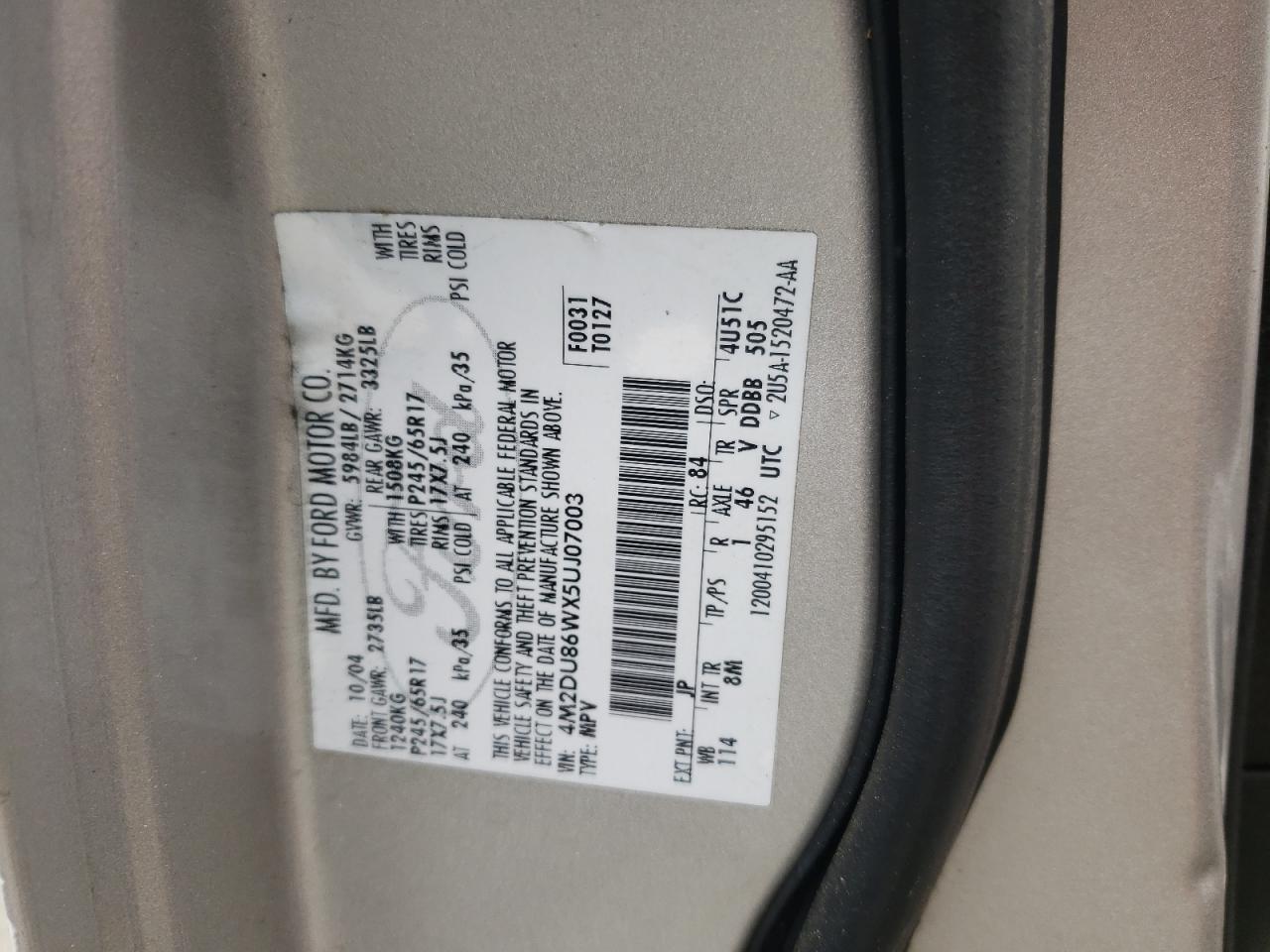 Photo 10 from auction – 2005 MERCURY MOUNTAINEE with VIN 4M2DU86WX5UJ07003