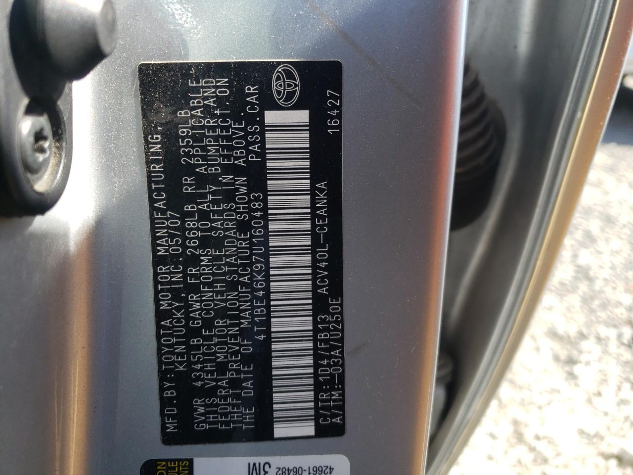 Photo 10 from auction – 2007 TOYOTA CAMRY CE with VIN 4T1BE46K97U160483