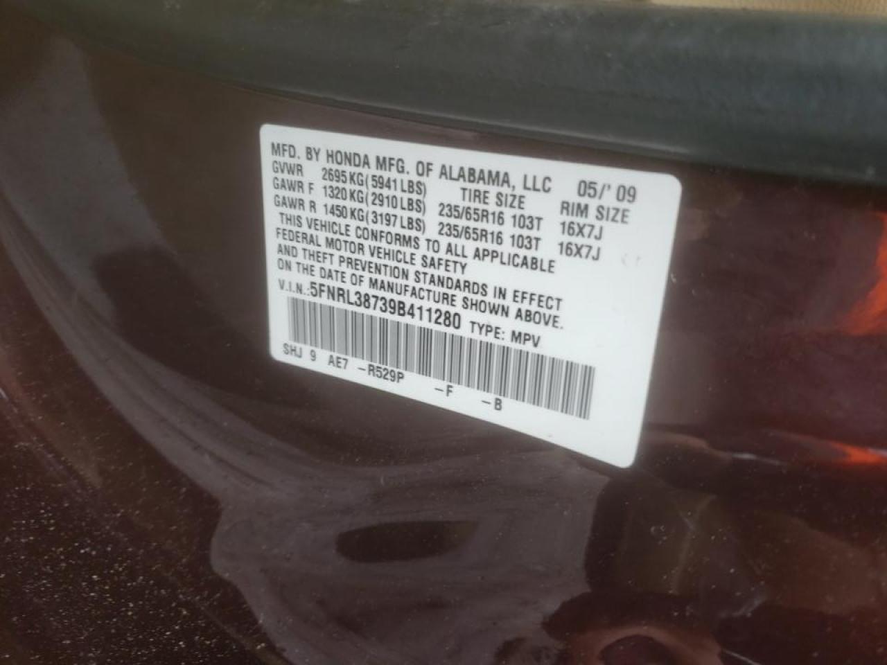 Photo 10 from auction – 2009 HONDA ODYSSEY EX with VIN 5FNRL38739B411280
