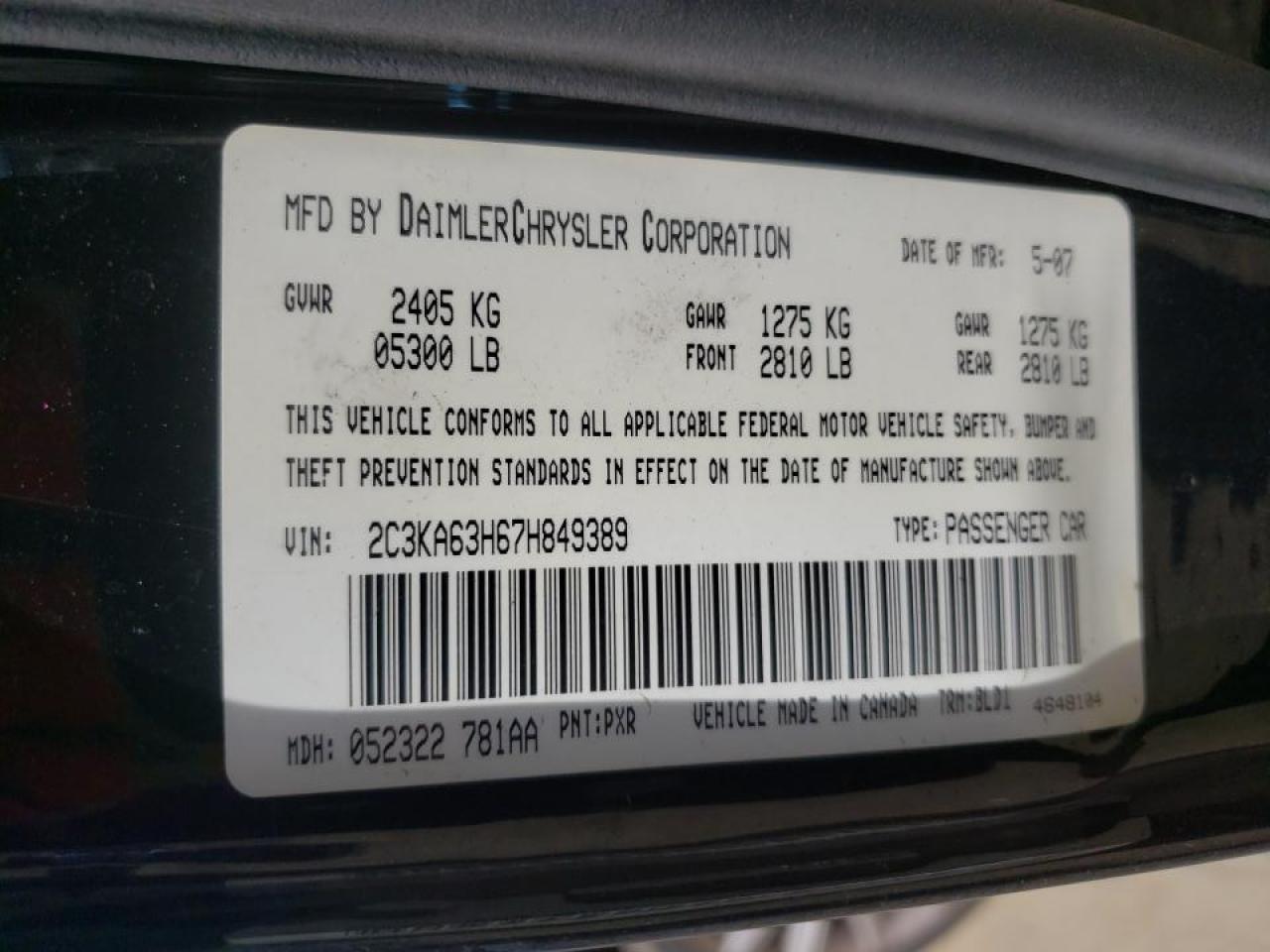 Photo 10 from auction – 2007 CHRYSLER 300C with VIN 2C3KA63H67H849389
