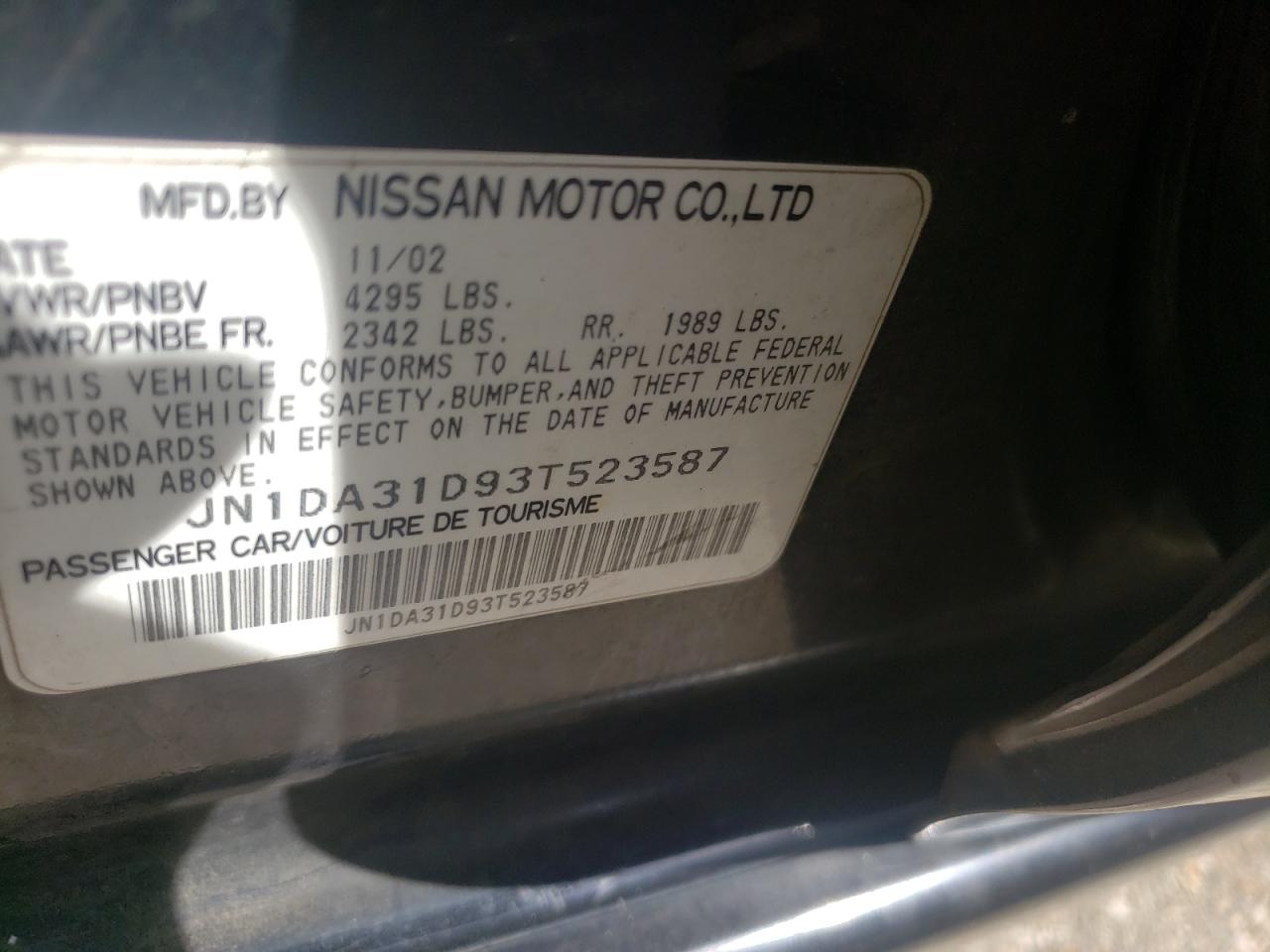 Photo 10 from auction – 2003 NISSAN MAXIMA GLE with VIN JN1DA31D93T523587
