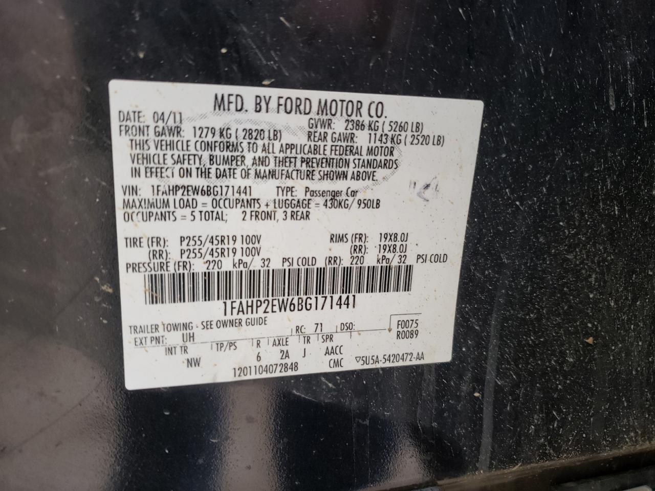 Photo 10 from auction – 2011 FORD TAURUS SEL with VIN 1FAHP2EW6BG171441