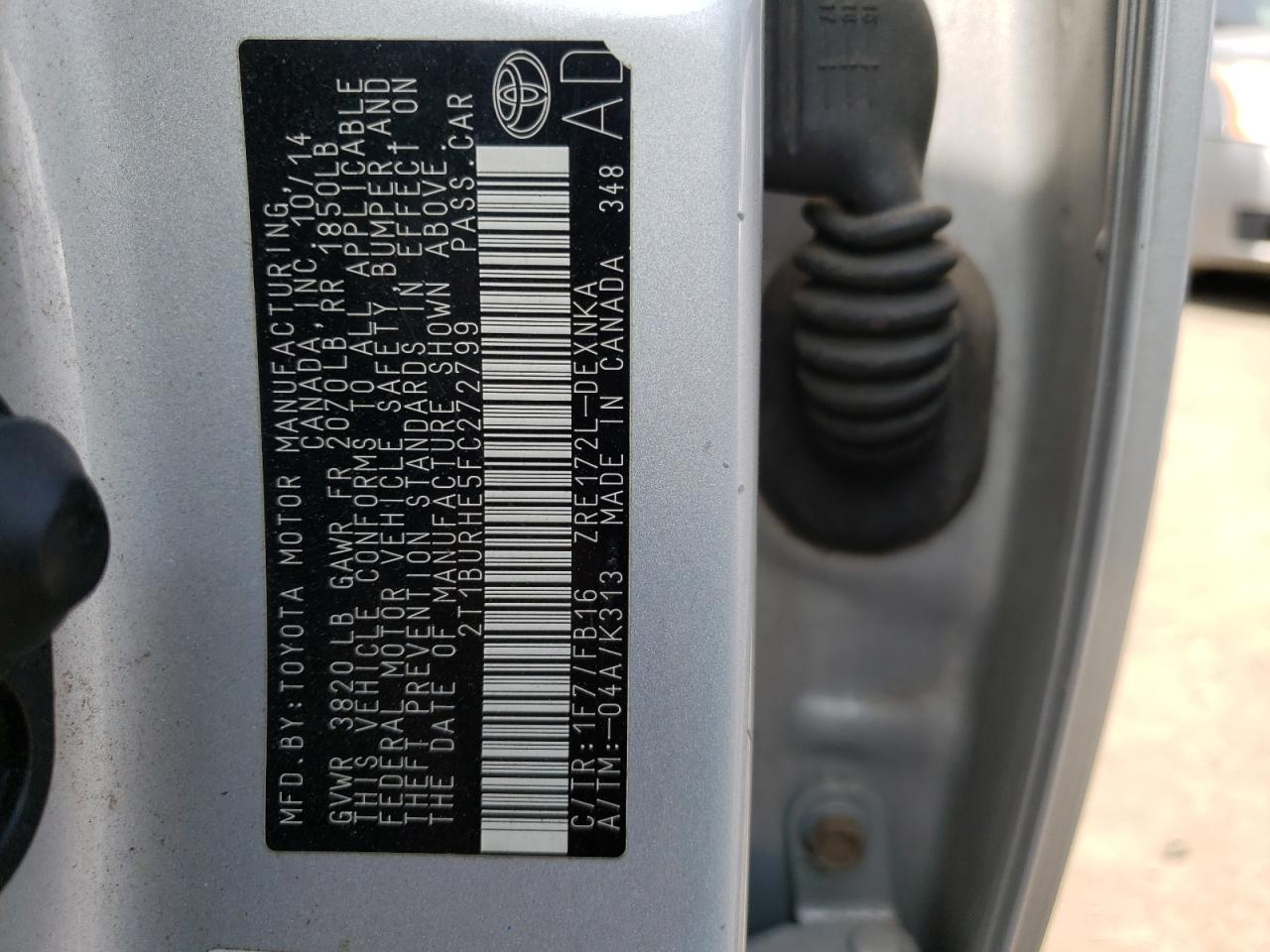 Photo 10 from auction – 2015 TOYOTA COROLLA L with VIN 2T1BURHE5FC272799