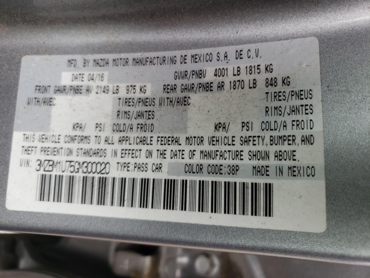 Photo 10 from auction – 2016 MAZDA 3 SPORT with VIN 3MZBM1U75GM300020