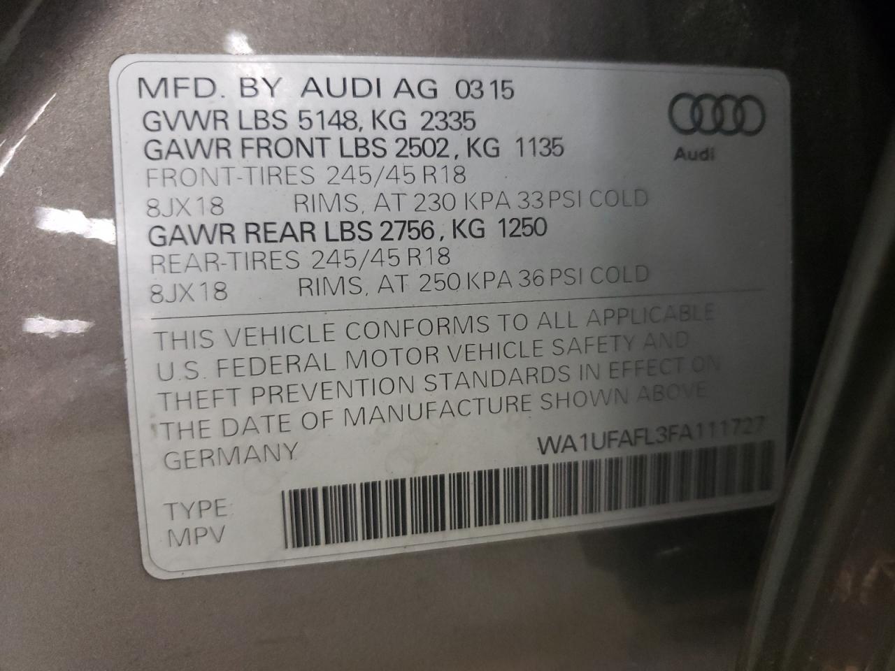 Photo 10 from auction – 2015 AUDI A4 ALLROAD with VIN WA1UFAFL3FA111727