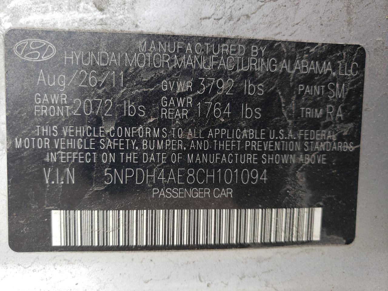 Photo 10 from auction – 2012 HYUNDAI ELANTRA GL with VIN 5NPDH4AE8CH101094