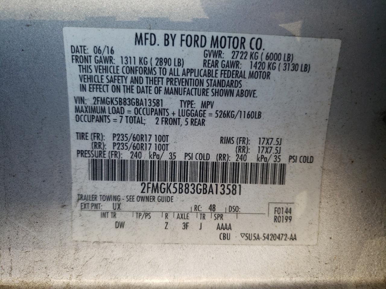 Photo 10 from auction – 2016 FORD FLEX SE with VIN 2FMGK5B83GBA13581