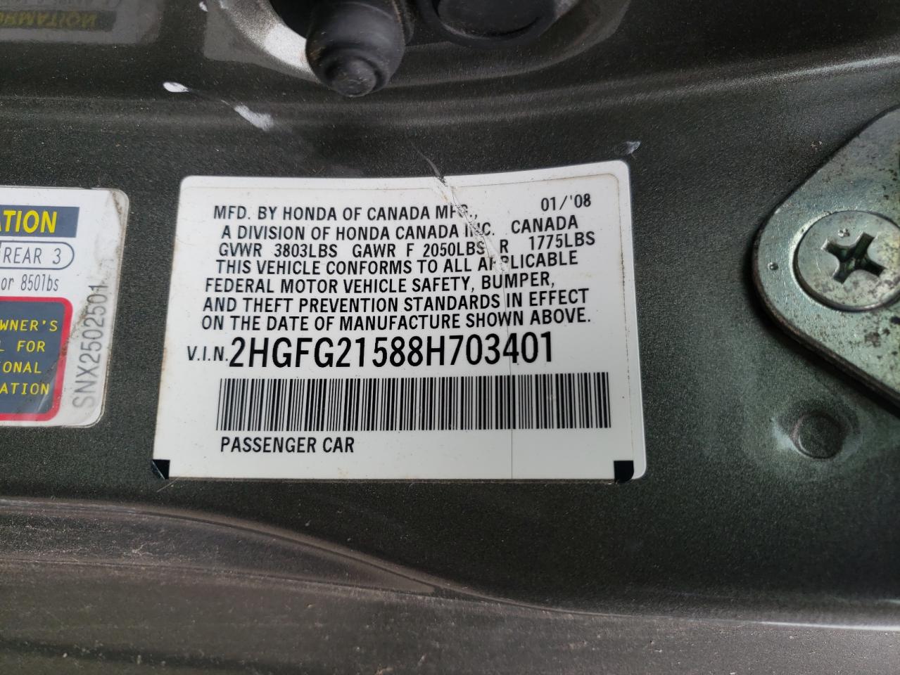 Photo 10 from auction – 2008 HONDA CIVIC with VIN 2HGFG21588H703401