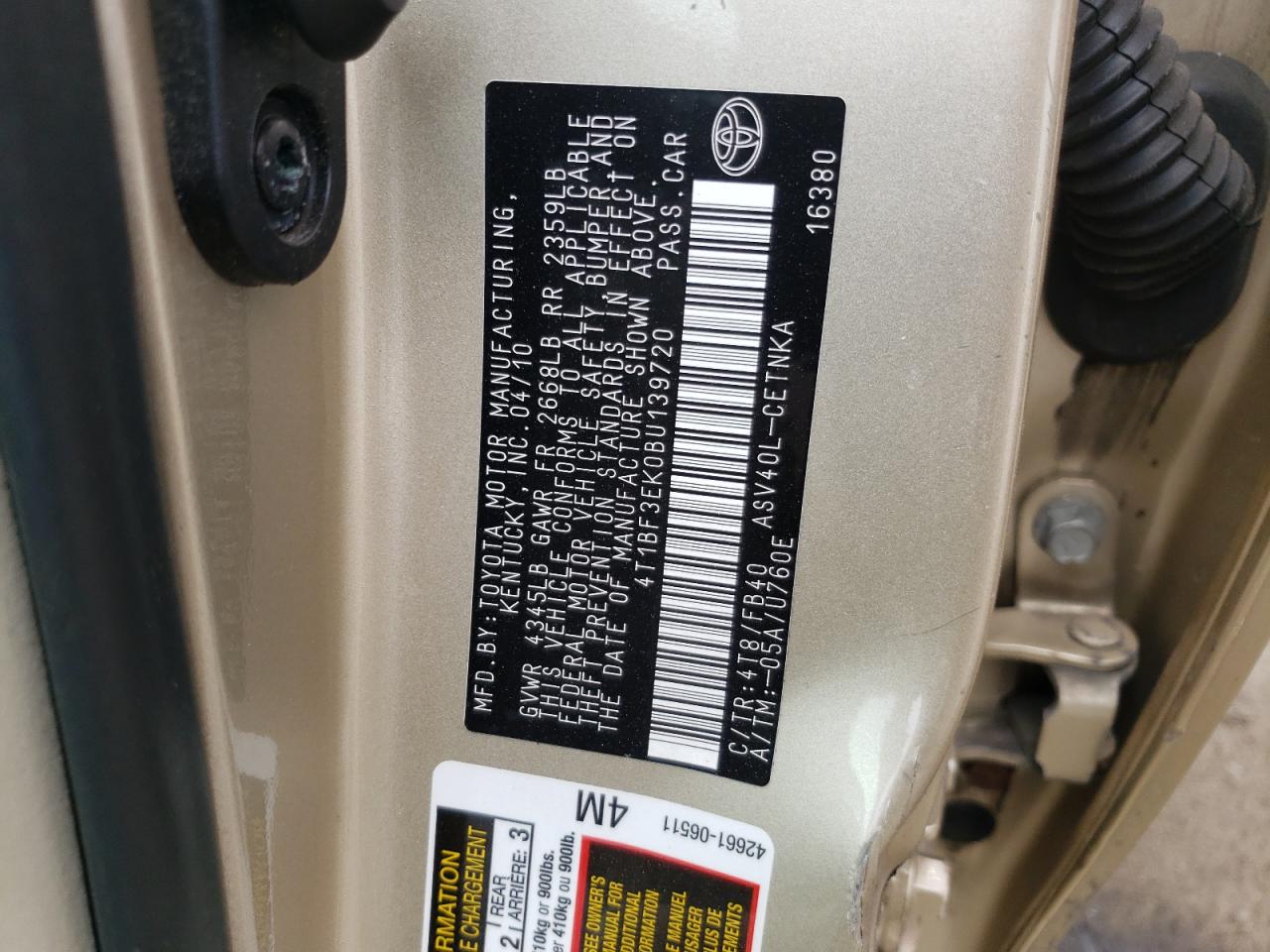 Photo 10 from auction – 2011 TOYOTA CAMRY with VIN 4T1BF3EK0BU139720
