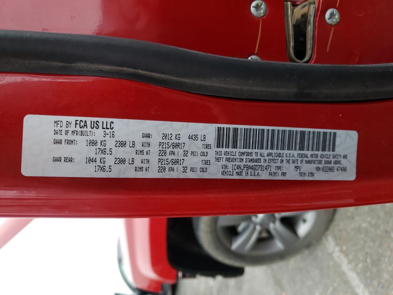 Photo 10 from auction – 2016 JEEP PATRIOT SP with VIN 1C4NJPBA4GD731471