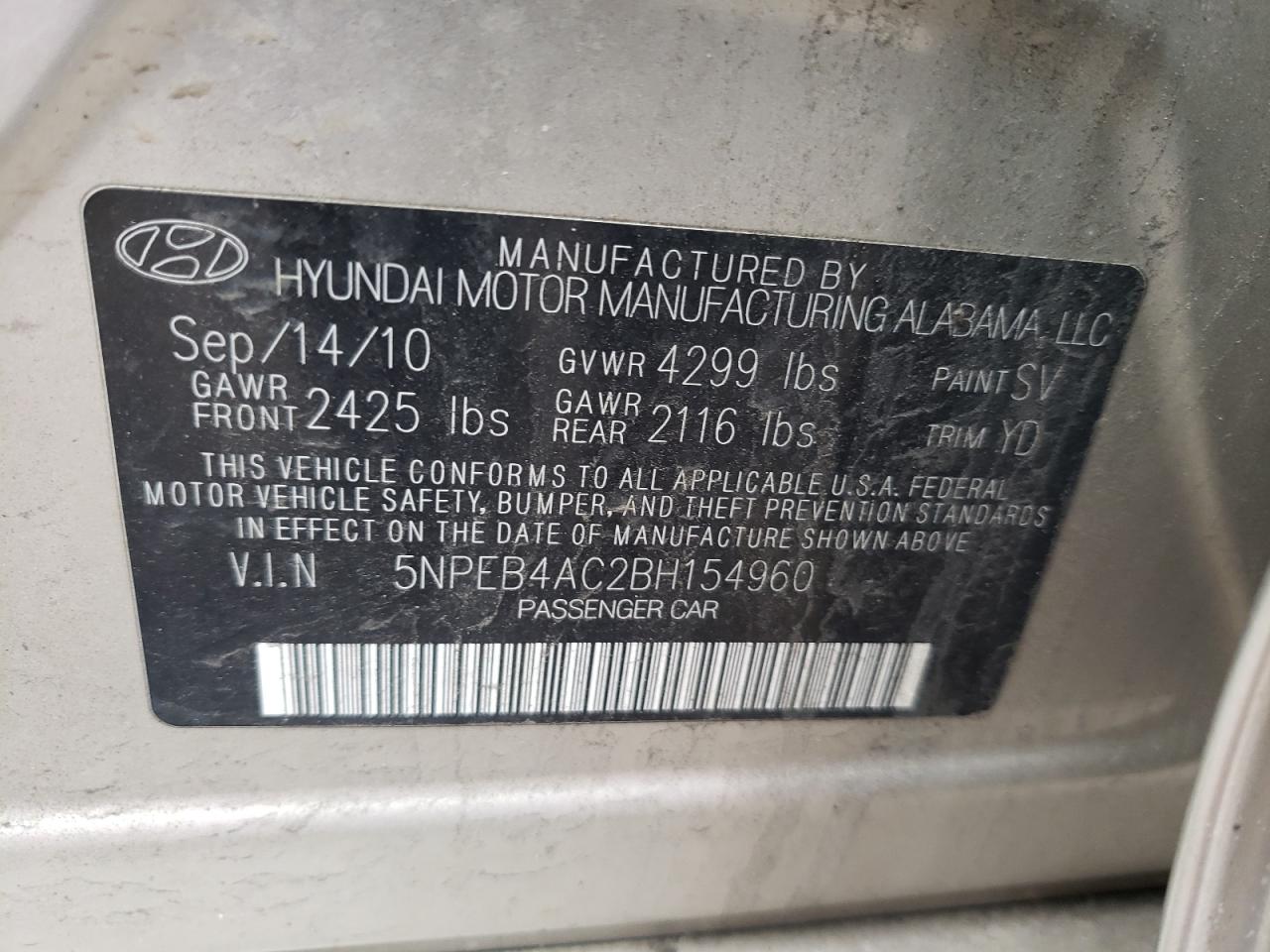 Photo 10 from auction – 2011 HYUNDAI SONATA GLS with VIN 5NPEB4AC2BH154960