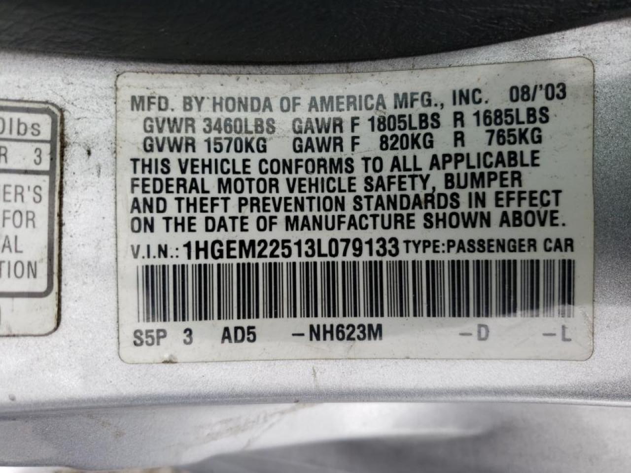 Photo 10 from auction – 2003 HONDA CIVIC LX with VIN 1HGEM22513L079133