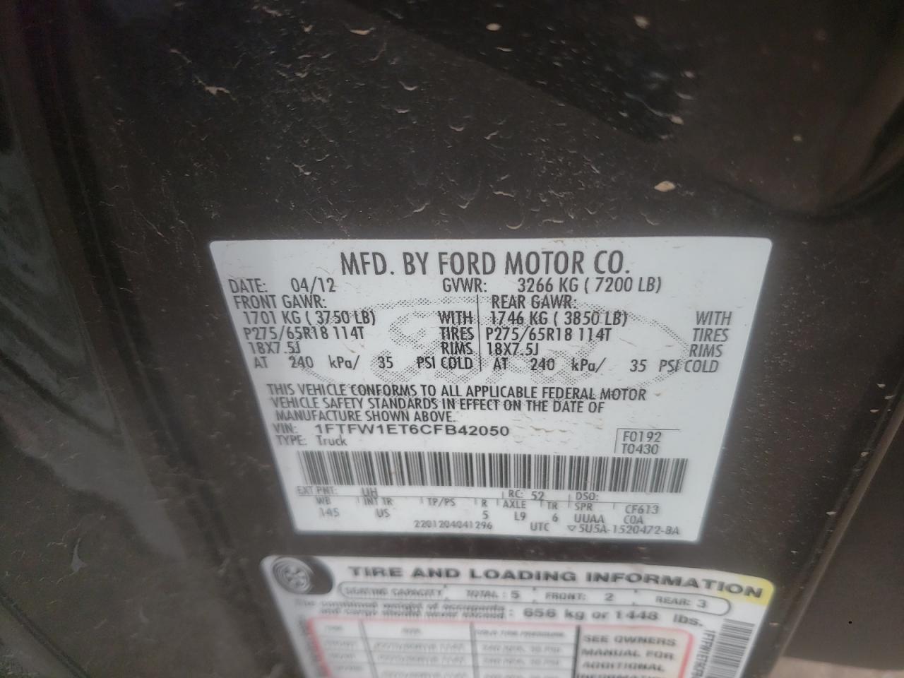 Photo 10 from auction – 2012 FORD F150 SUPER with VIN 1FTFW1ET6CFB42050