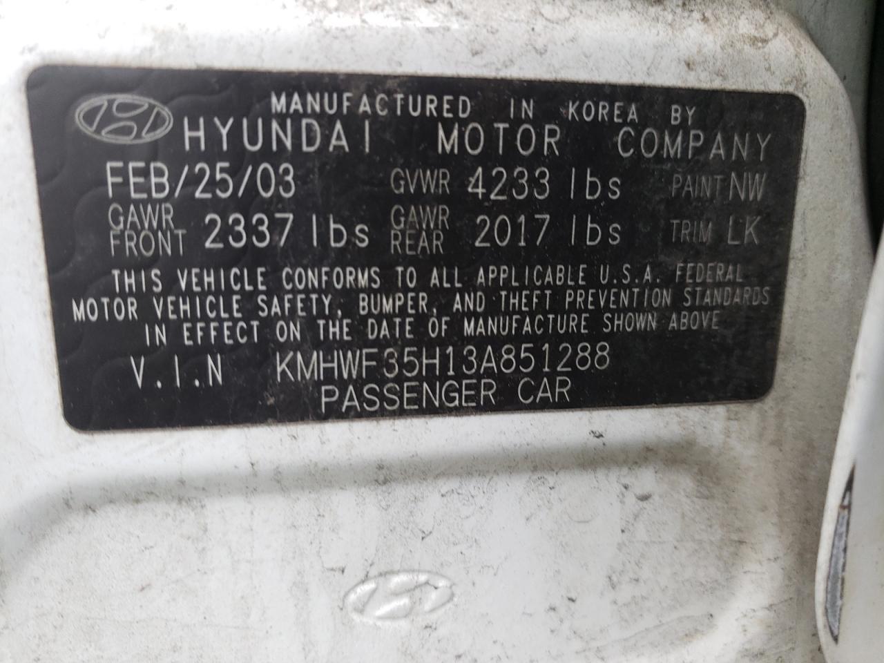 Photo 10 from auction – 2003 HYUNDAI SONATA with VIN KMHWF35H13A851288