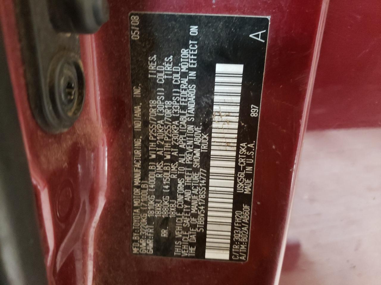 Photo 10 from auction – 2008 TOYOTA TUNDRA DOU with VIN 5TBBV54178S514777