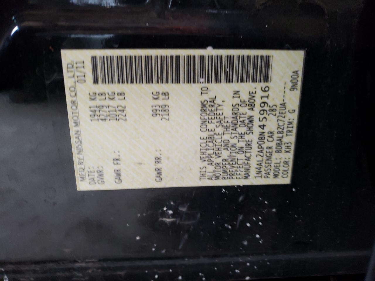 Photo 10 from auction – 2011 NISSAN ALTIMA BAS with VIN 1N4AL2AP0BN459916