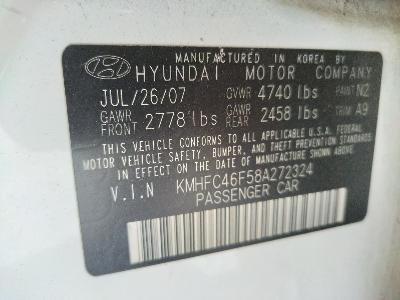 Photo 10 from auction – 2008 HYUNDAI AZERA SE with VIN KMHFC46F58A272324