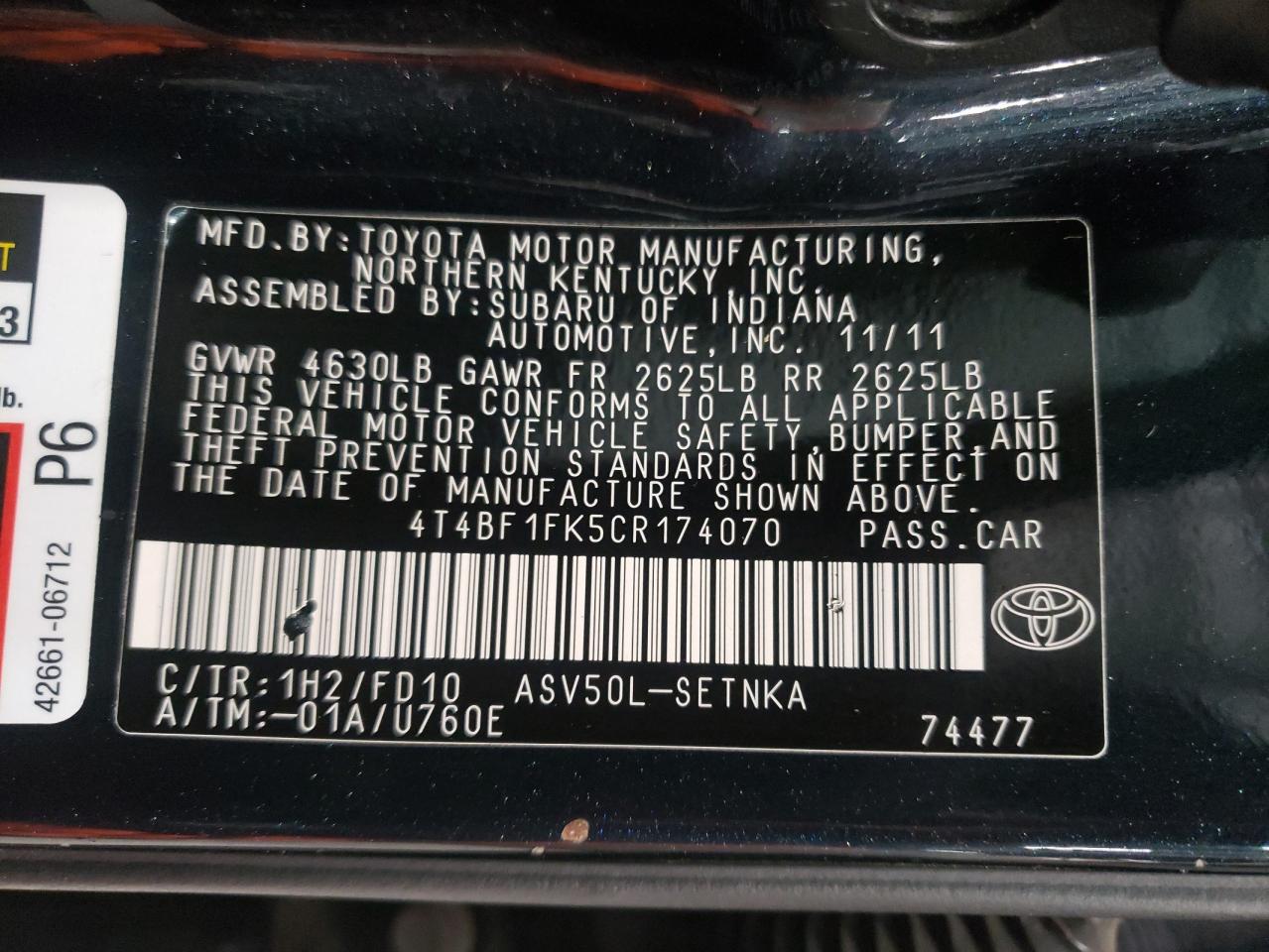Photo 10 from auction – 2012 TOYOTA CAMRY BASE with VIN 4T4BF1FK5CR174070