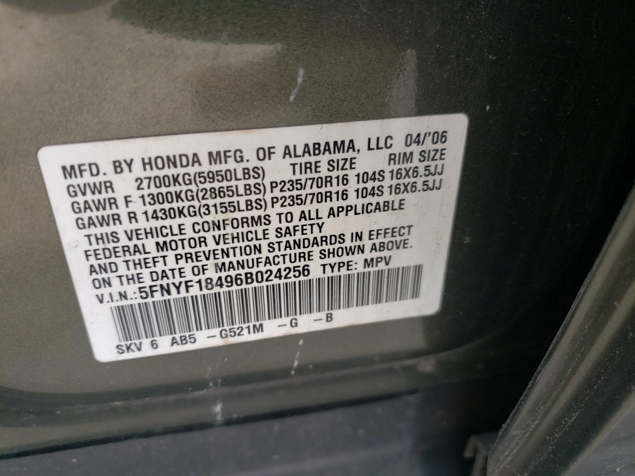 Photo 10 from auction – 2006 HONDA PILOT EX with VIN 5FNYF18496B024256