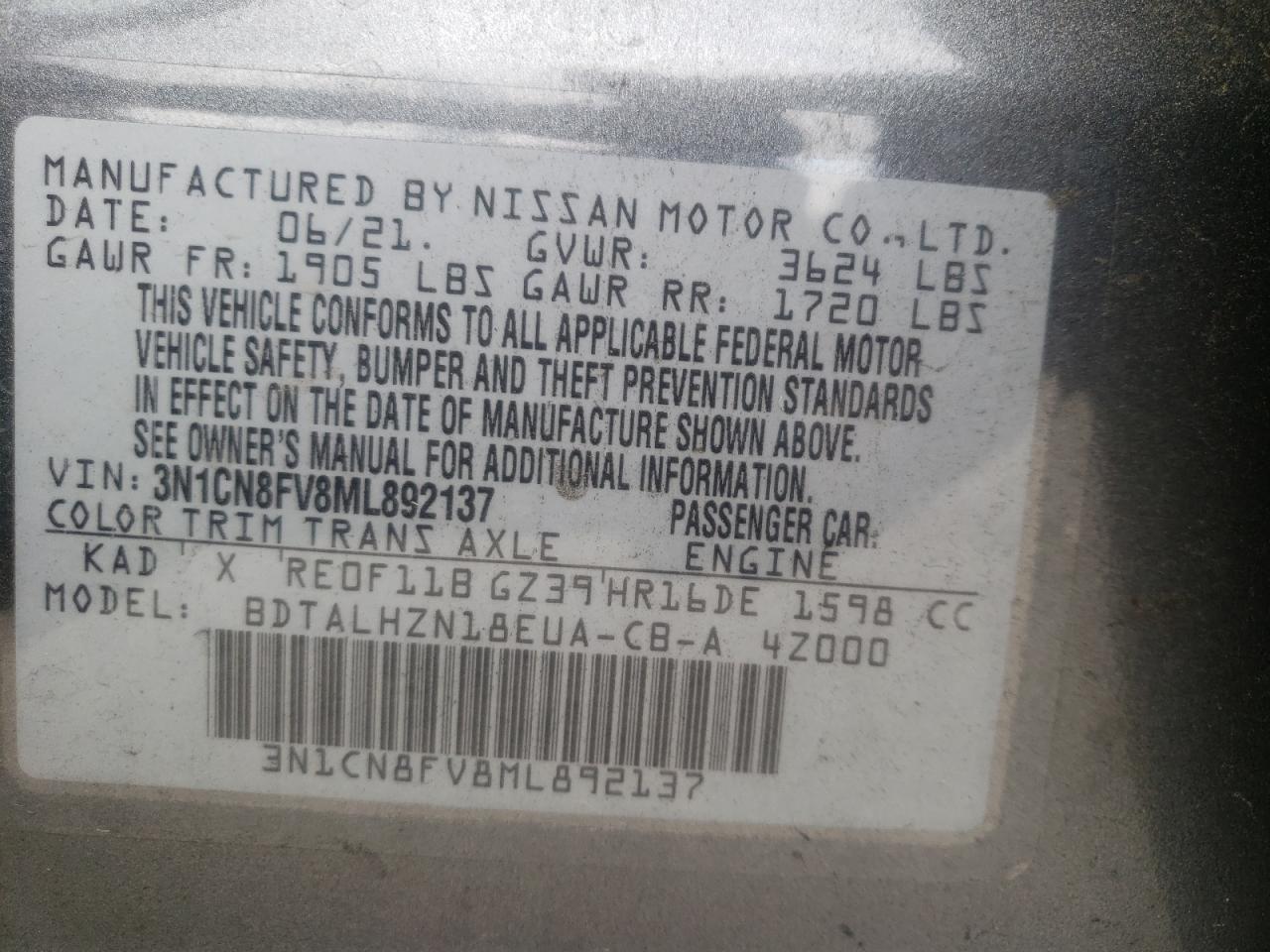 Photo 11 from auction – 2021 NISSAN VERSA SR with VIN 3N1CN8FV8ML892137