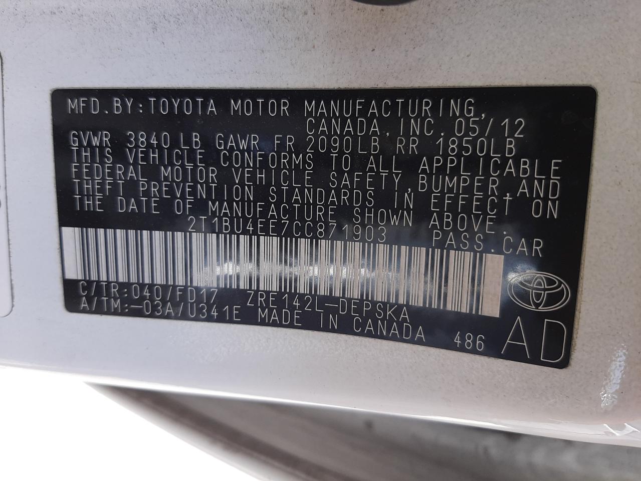 Photo 10 from auction – 2012 TOYOTA COROLLA BA with VIN 2T1BU4EE7CC871903