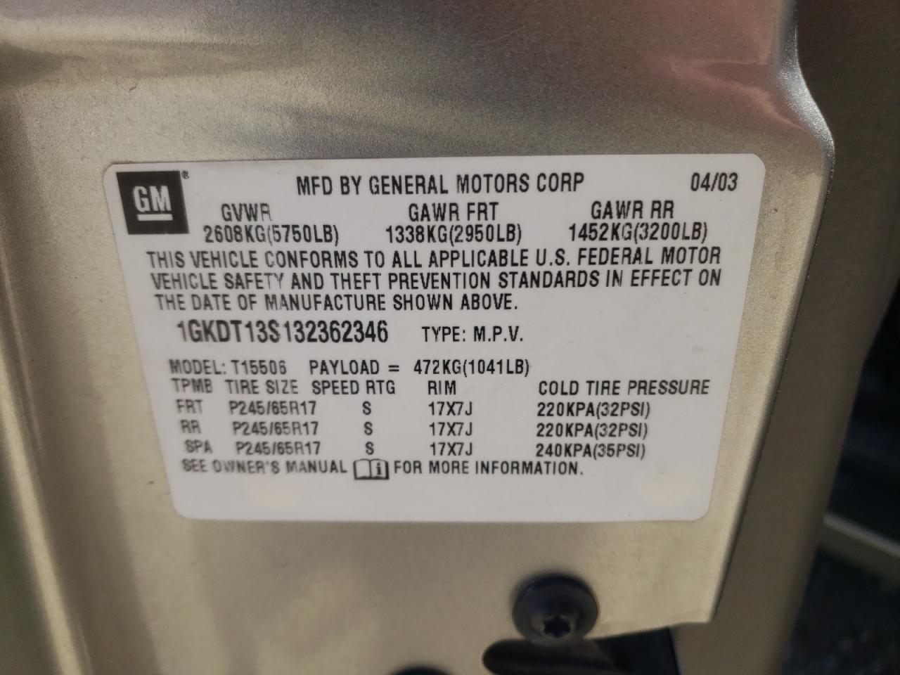 Photo 10 from auction – 2003 GMC ENVOY with VIN 1GKDT13S132362346