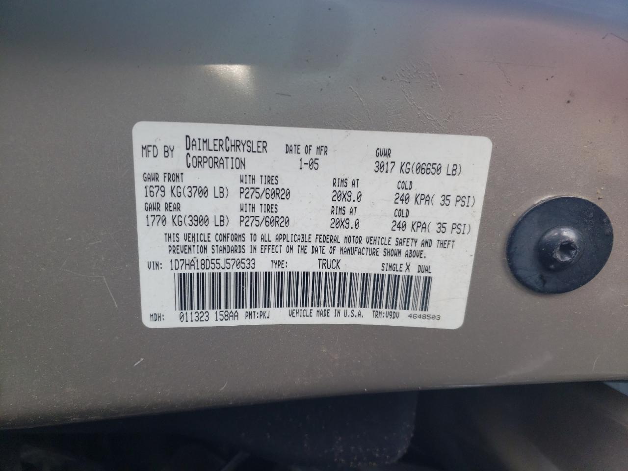 صورة رقم 10 من المزاد - 2005 DODGE RAM 1500 S مع VIN 1D7HA18D55J570533