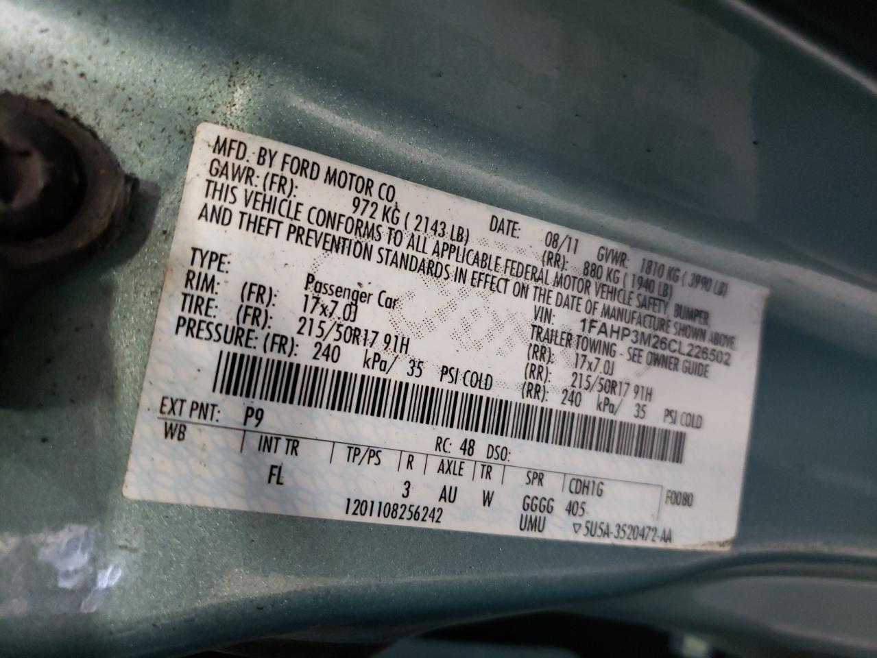 Photo 10 from auction – 2012 FORD FOCUS SEL with VIN 1FAHP3M26CL226502