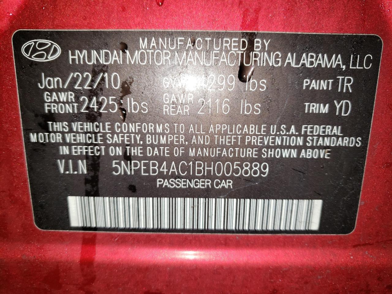 Photo 10 from auction – 2011 HYUNDAI SONATA GLS with VIN 5NPEB4AC1BH005889