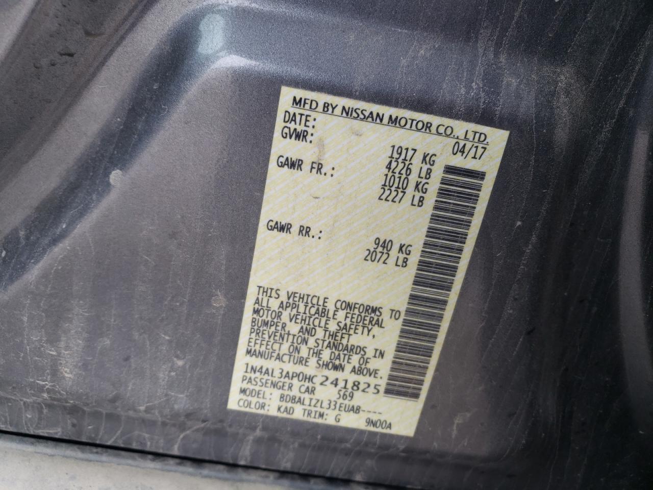 Photo 10 from auction – 2017 NISSAN ALTIMA 2.5 with VIN 1N4AL3AP0HC241825