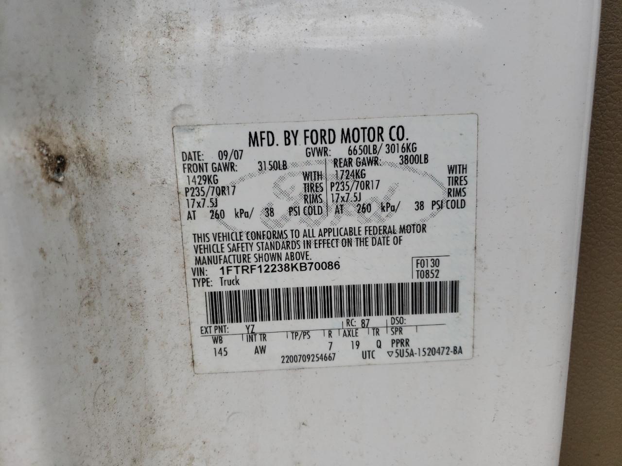 Photo 10 from auction – 2008 FORD F150 with VIN 1FTRF12238KB70086