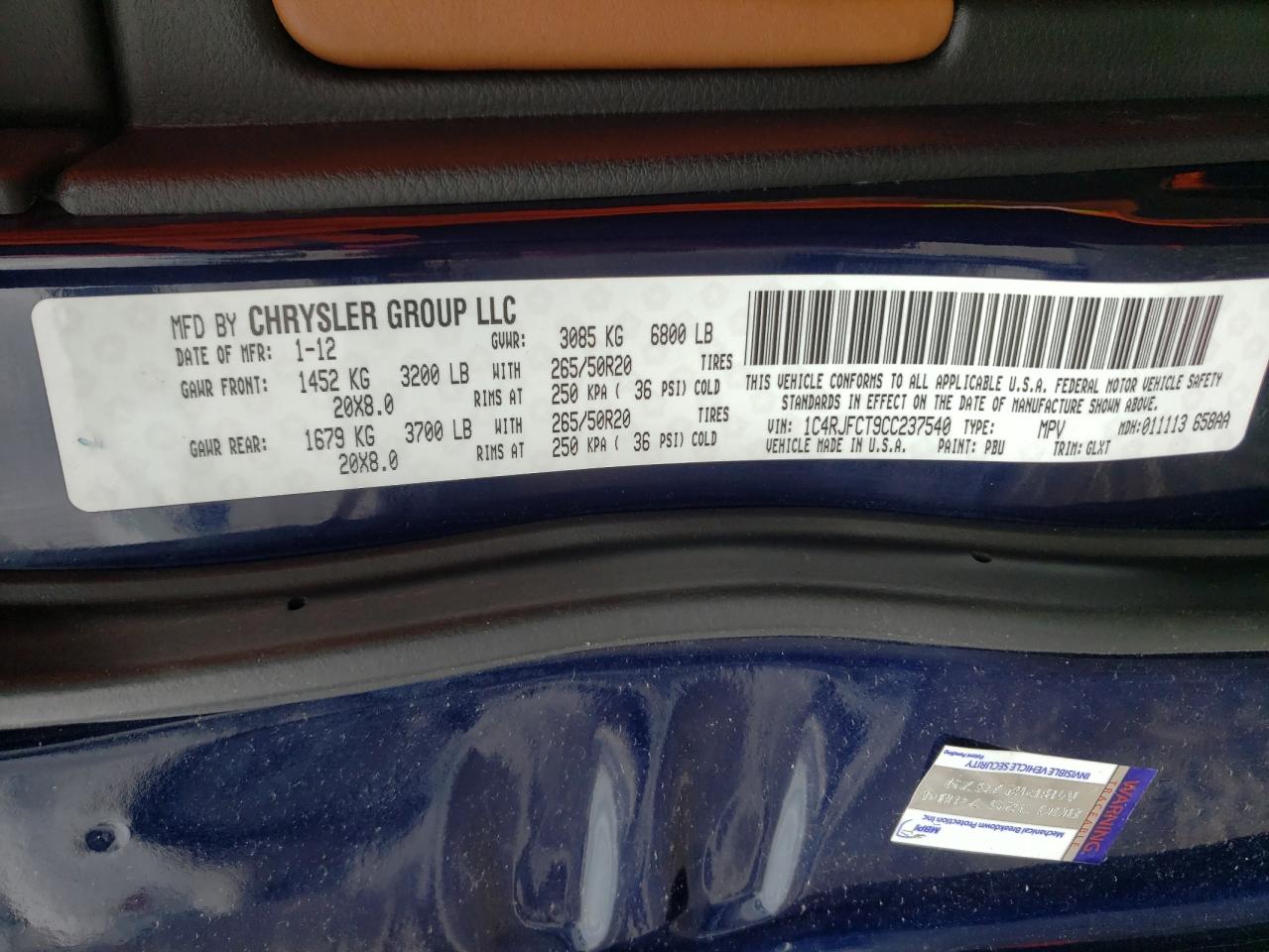 Photo 10 from auction – 2012 JEEP GRAND CHER with VIN 1C4RJFCT9CC237540