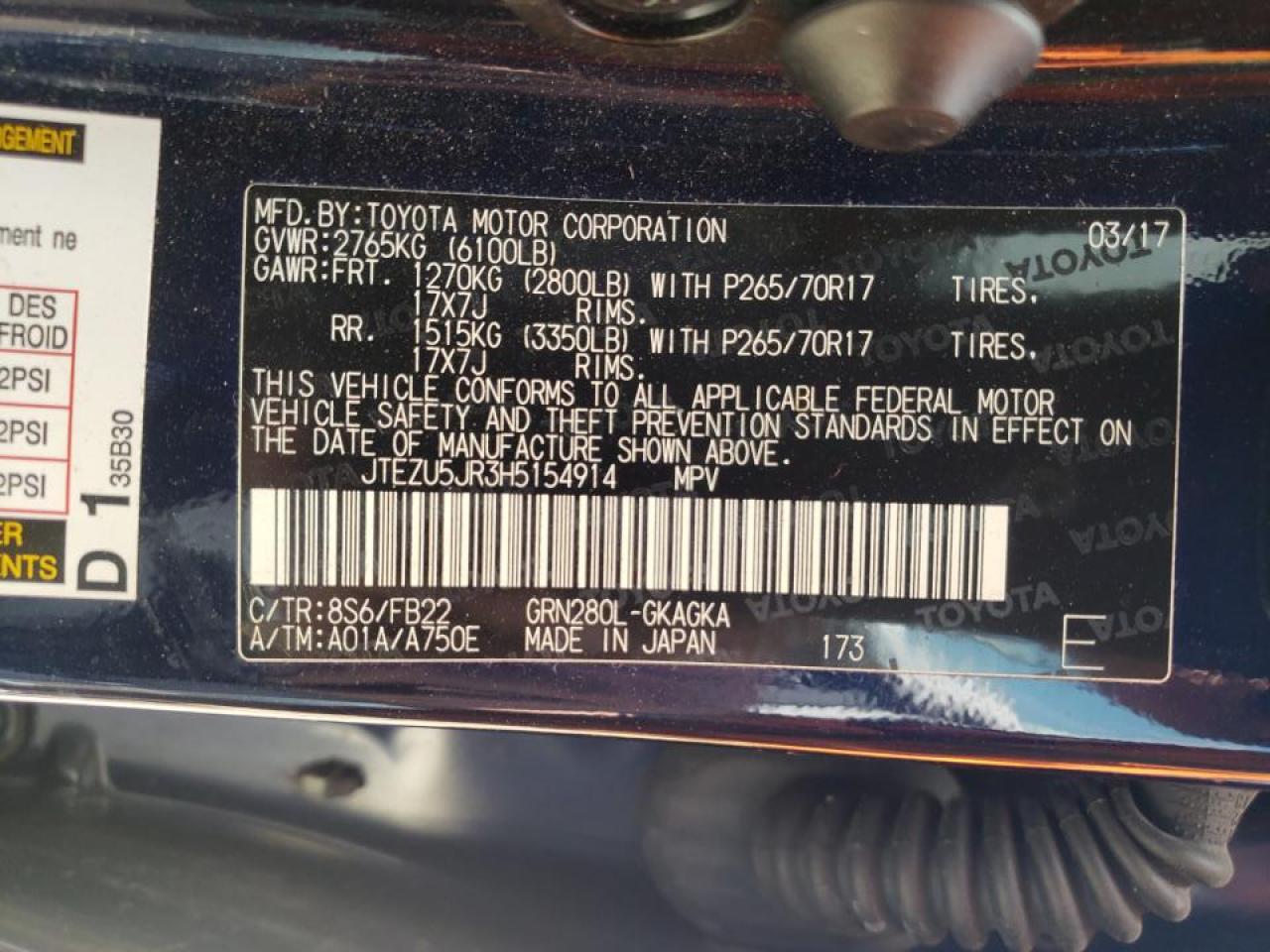 Photo 10 from auction – 2017 TOYOTA 4RUNNER SR with VIN JTEZU5JR3H5154914