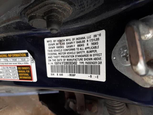 Photo 10 from auction – 2011 HONDA CIVIC VP with VIN 19XFA1F33BE003452