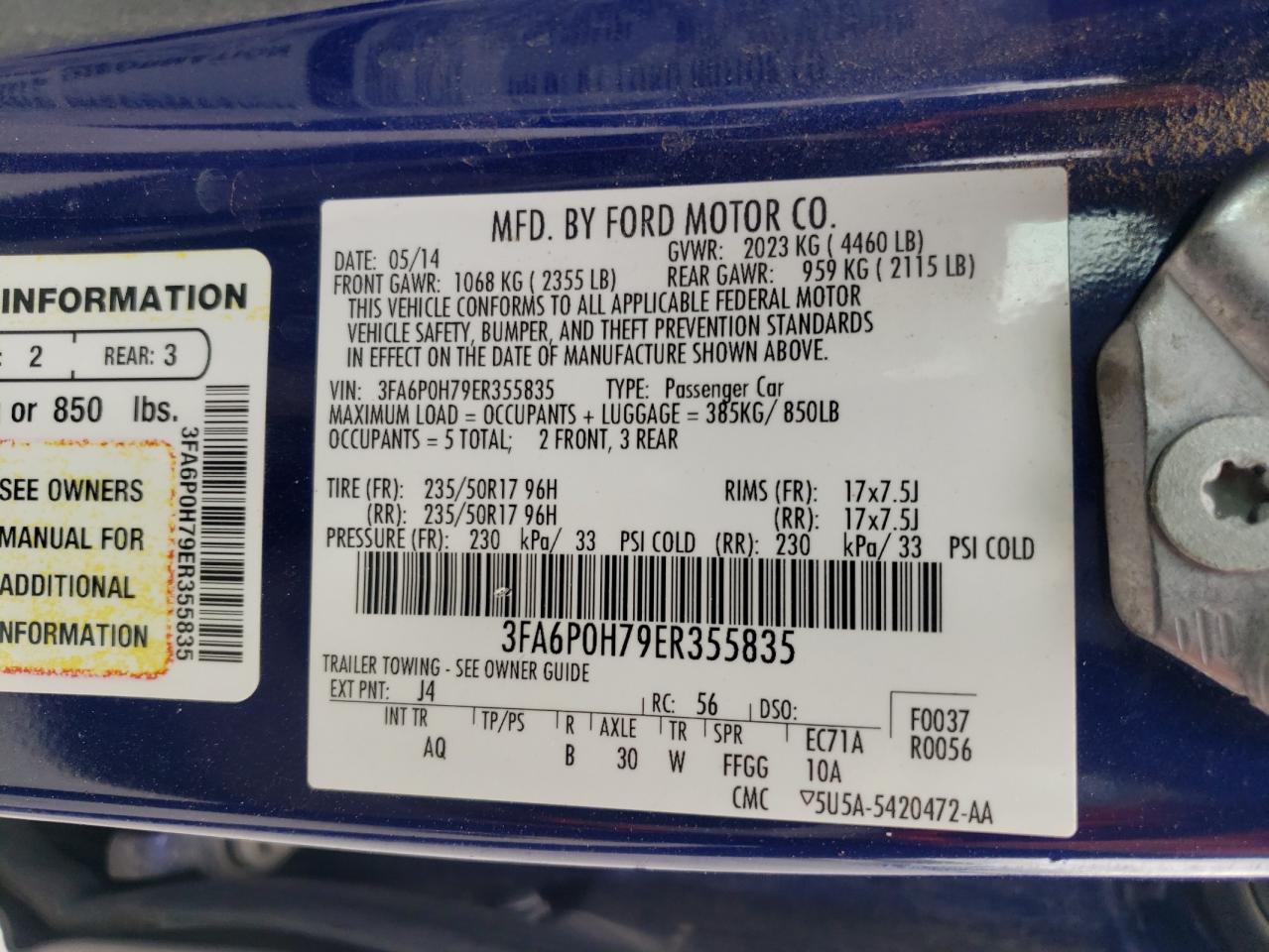 Photo 10 from auction – 2014 FORD FUSION SE with VIN 3FA6P0H79ER355835