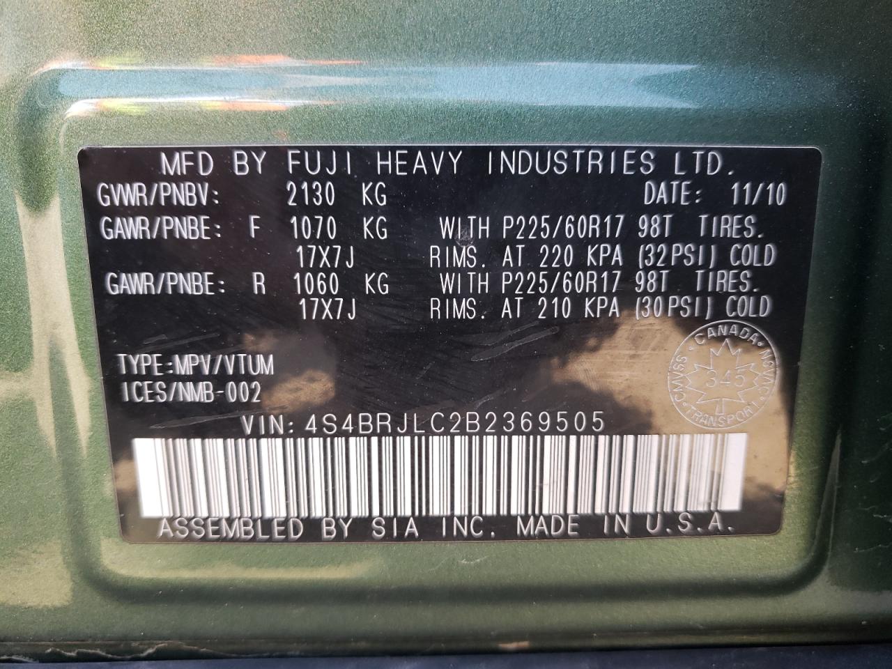 Photo 10 from auction – 2011 SUBARU OUTBACK 3. with VIN 4S4BRJLC2B2369505