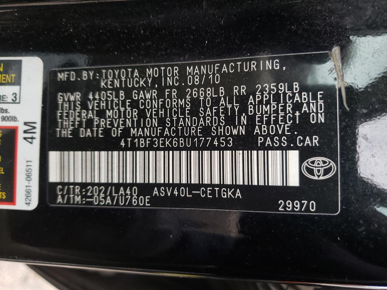 Photo 10 from auction – 2011 TOYOTA CAMRY BASE with VIN 4T1BF3EK6BU177453