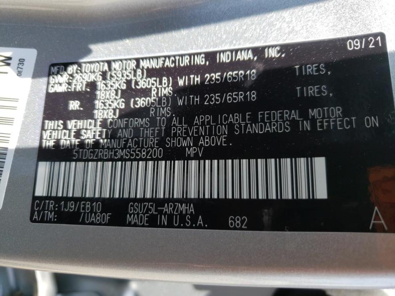 Photo 10 from auction – 2021 TOYOTA HIGHLANDER with VIN 5TDGZRBH3MS558200