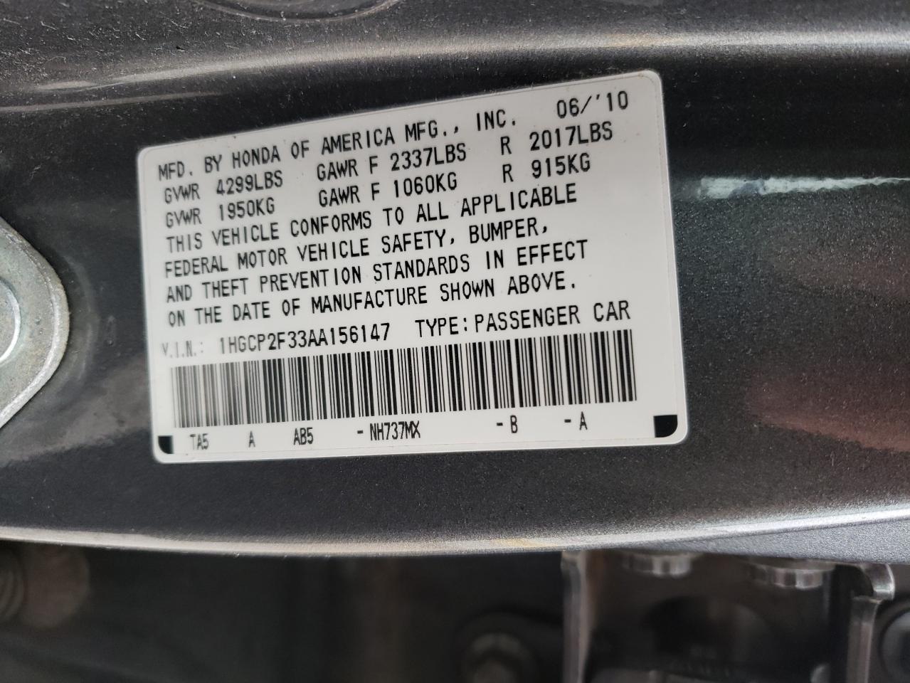 Photo 10 from auction – 2010 HONDA ACCORD LX with VIN 1HGCP2F33AA156147