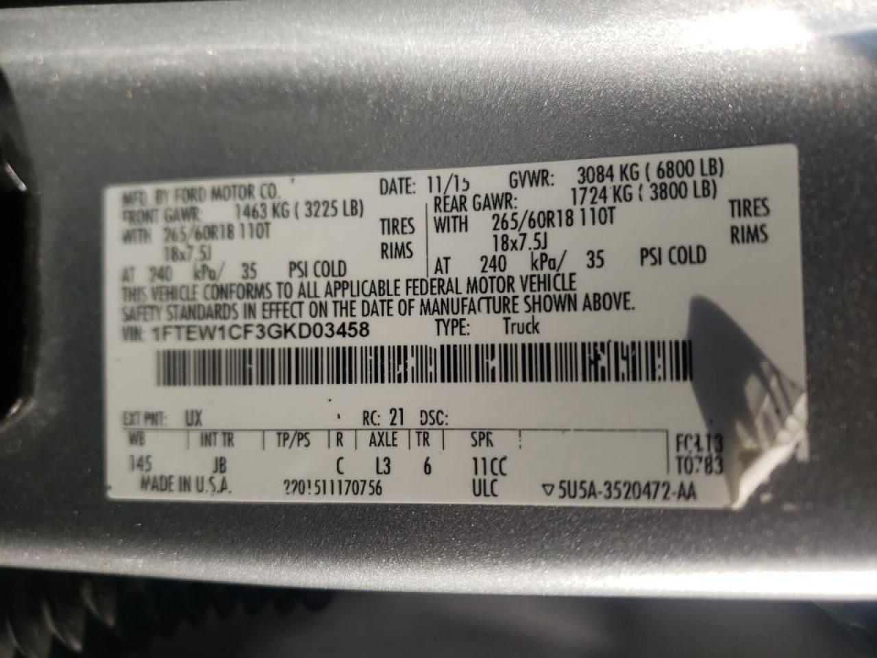 Photo 10 from auction – 2016 FORD F150 SUPER with VIN 1FTEW1CF3GKD03458